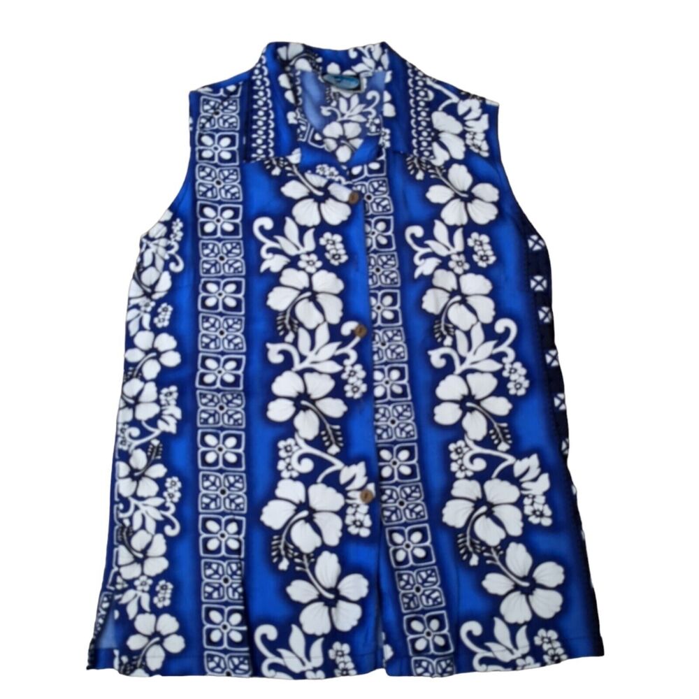 VTG Blue Sky Hawaiian Floral 100% Rayon Button Up Collared Sleeveless Blouse M